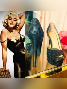 ♥️ Jessica Simpson Black Rhinestone Peep-Toe d’Orsay Pumps